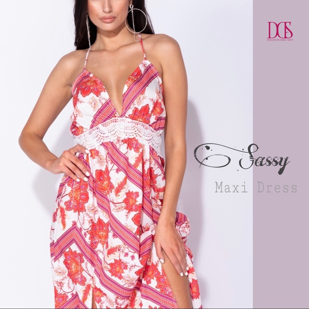Sassy - Red Floral Maxi Dress w/ Lace Trim
